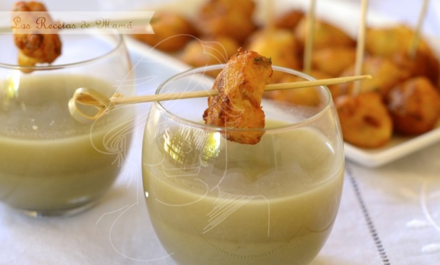 Crema de alcachofa con mini buñuelos de bacalao