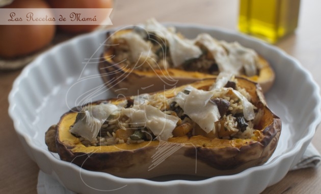 Calabaza asada rellena de arroz. Video receta